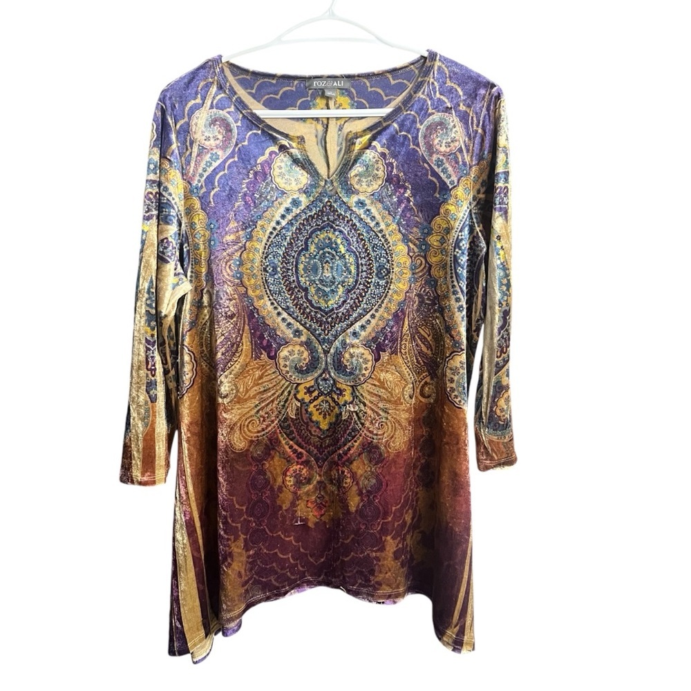ROZ & ALI Boho Velvet Long Sleeves‎ Shirt Shirt Beaded Chest Tunic Top Paisley